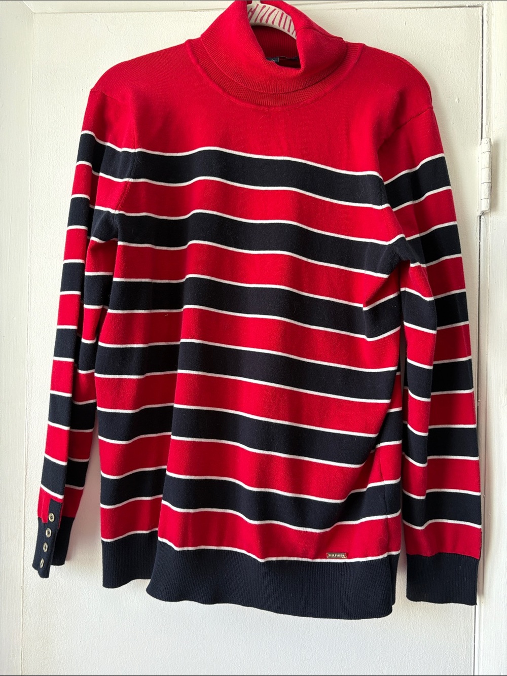 Tommy Hilfiger Red, Black and White Striped Turtleneck Sweater